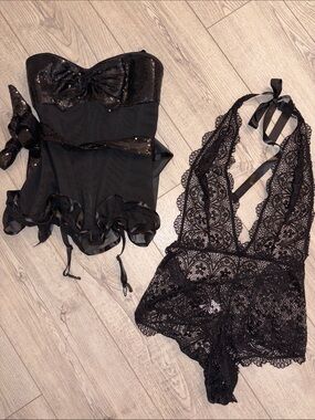 Adore Me Black Sequin Bustier and Lace Halter Romper Bundle